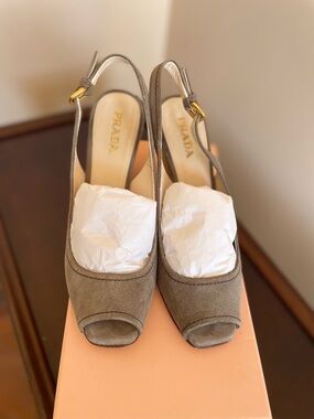 Prada Taupe Suede Wedge Slingback Peep-Toe Heels with Gold Buckle
